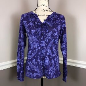 Ann Taylor Loft like new purple floral print long sleeve shirt w/ruffle